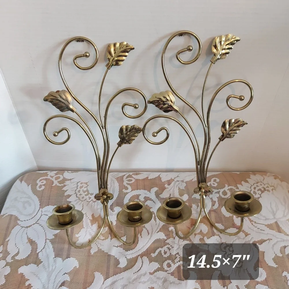 Vintage Brass Wall Sconce Set Leafy Vine Hollywood Regency Candle Holders Gold
